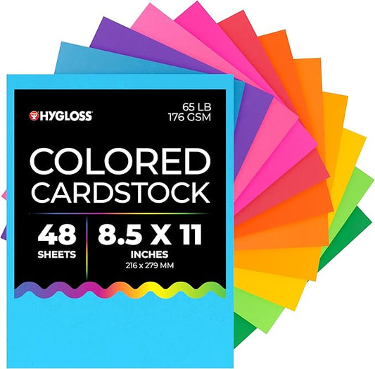 Hygloss Bright Colored Cardstock - 8.5x11-Inch, 12 Assorted Colors, 48 Sheets, 65 lb/ 176 gsm, Fade-Resistant, Acid-Free Color Card Stock Paper-DeskLoop Office