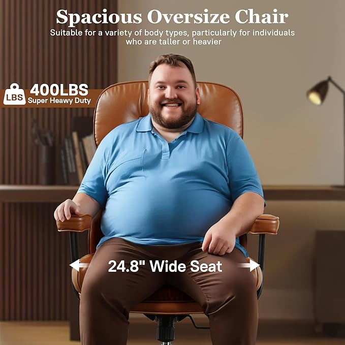 Mid Century Modren Big and Tall Office Chair,Large Ergonomic Executive Chair for Heavy Duty People, Computer Desk Task Chair with Wheels, Faux Lether Fabric Wide Chair for Home Sturdy,Brown(PU)-DeskLoop Office