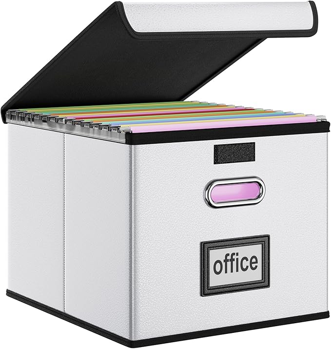 Huolewa File Organizer Box with Lid, Collapsible Faux Leather Hanging File Folder Box Organizer with Plastic Slides, Decorative Home/Office Filing System Boxes for File and Folders Storage-DeskLoop Office