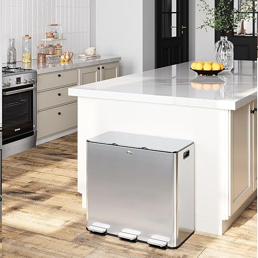 60L/15.9 Gal Gallon Three-Compartment Pedal Stainless Steel Kitchen Recycling Trash Can with Odor Seal, Hands-Free Foot Operated Waste Bin for Home, Office, Restaurant, School, Hospital-DeskLoop Office