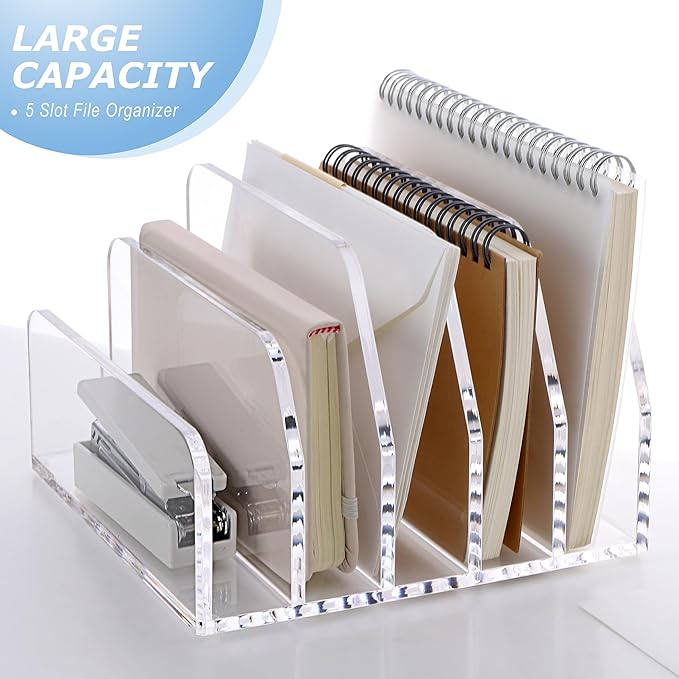 SANRUI Acrylic Desk File Organizer Holder for Desk, Clear Laddered 5 Upright Compartments Mail Sorters, Multifunction Desktop Envelope Folder Racks Document Holders for Office, Home, School-DeskLoop Office