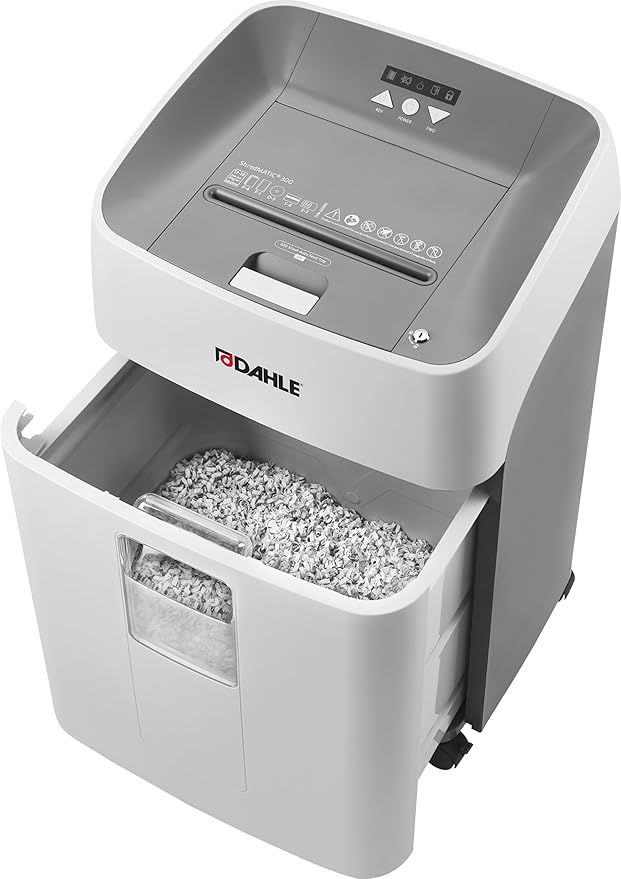 Dahle ShredMATIC SM 300 Auto-Feed Paper Shredder, Cross Cut, 300 Sheet Bin, German Engineered, Jam Protection, Oil Free, SmartPower, P-4 Security, Shreds CDs/Staples/Paper Clips/Credit Cards-DeskLoop Office