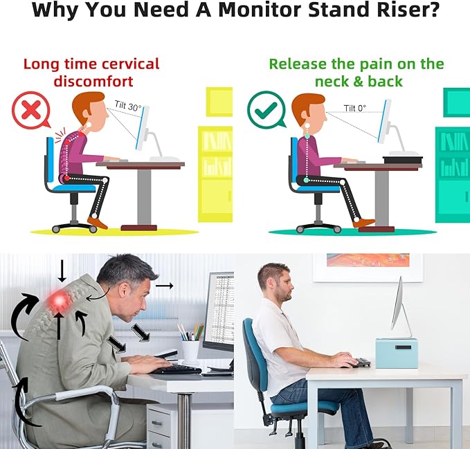 Marbrasse Monitor Stand Riser, 16.5 Inch 2 Tier Computer Printer Shelf Stand for Laptop Computer Screen Storage, Desktop Stand with Phone Holder and Cable Management (Blue)-DeskLoop Office