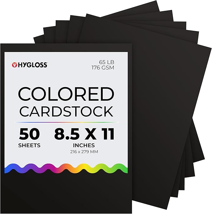 Hygloss Black Cardstock - 8.5x11-Inch, 50 Sheets, 65 lb/ 176 gsm, Fade-Resistant, Acid-Free Color Card Stock Paper-DeskLoop Office