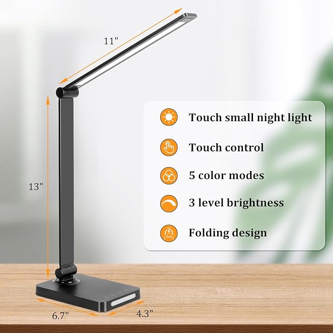 LED Desk Lamp with USB Ports,Touch Desk Lamps for Home Office with 5 Color Modes,3 Brightness Desk Light with Small Night Light,Reading Lamp Table Lamp for Bedroom Bedside Study Black (with adapter)