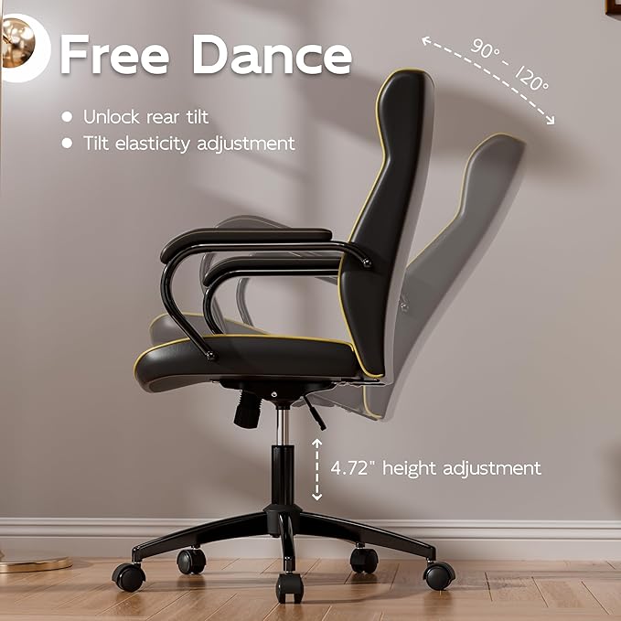 Black Office Chair with Soft Leather Embroidery, Mid Back Vintage Swivel Executive Desk Chair with Wheels and Padded Arms, Adjustable Height-DeskLoop Office