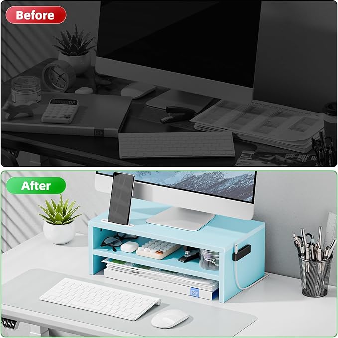 Marbrasse Monitor Stand Riser, 16.5 Inch 2 Tier Computer Printer Shelf Stand for Laptop Computer Screen Storage, Desktop Stand with Phone Holder and Cable Management (Blue)-DeskLoop Office