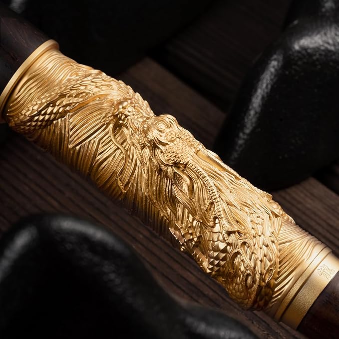 Hongdian N24 Fountain Pen Extra Fine Nib, Golden Dragon Stereoscopic Carving with Red Wood Design-DeskLoop Office