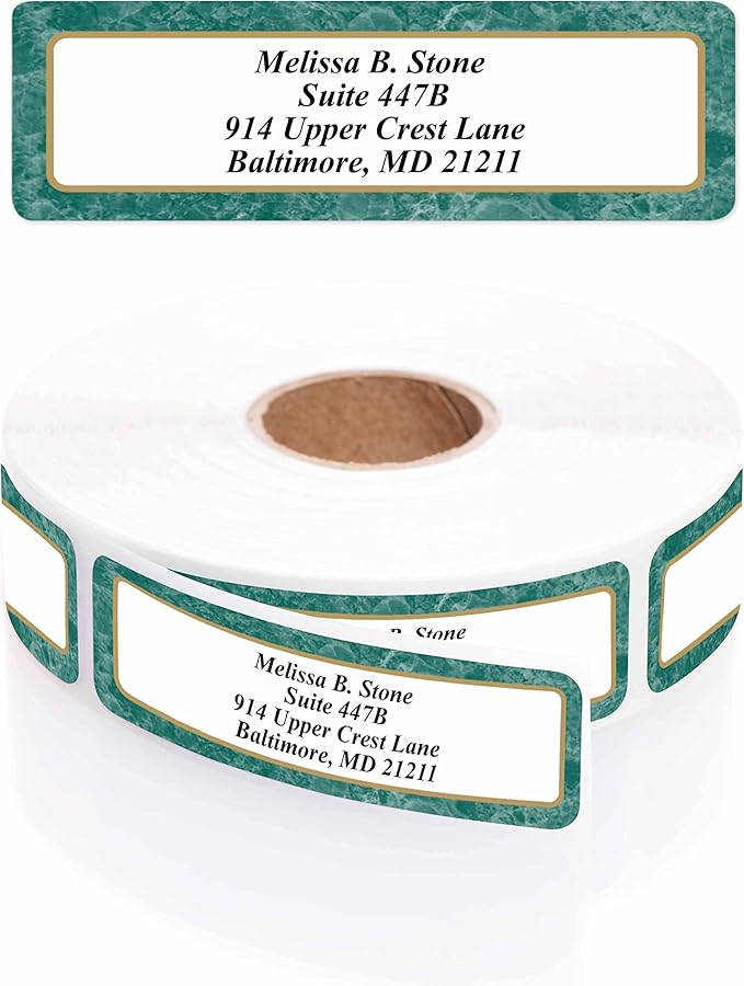 Green Marble Designer Rolled Name & Address Labels with Elegant Plastic Dispenser-DeskLoop Office