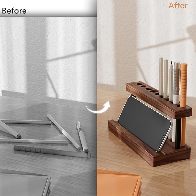 Pencil & Pen Holder for Desk, Solid Walnut Pen Display Stand with 9 Slots and Cell Phone Holder, Aesthetic Pen Organizer for Minimalist Office Desk Decor-DeskLoop Office
