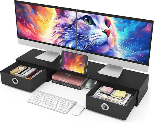 WESTREE Dual Monitor Stand Riser with Two Drawers, Extra Large Storage Monitor Stand for 2 Monitors, Desktop Oraganizer Stand for Computer,Laptop,Screen,Printer,TV-DeskLoop Office