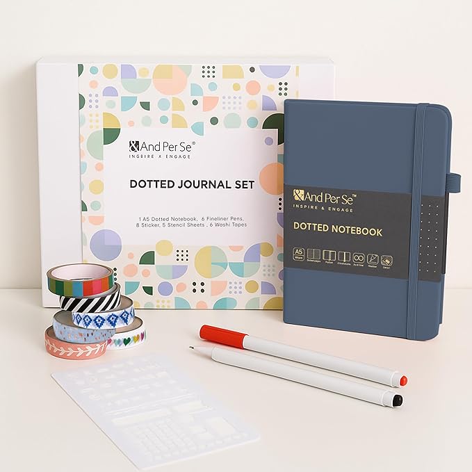 &And Per Se Dotted Journal Notebook Set, A5 Hardcover Dotted Journal (Dark Blue), 6 Fineliner Pens, 8 Sticker, 5 Stencil Sheets & 6 Washi Tapes, Journaling Supplies for Planner Schedule-DeskLoop Office