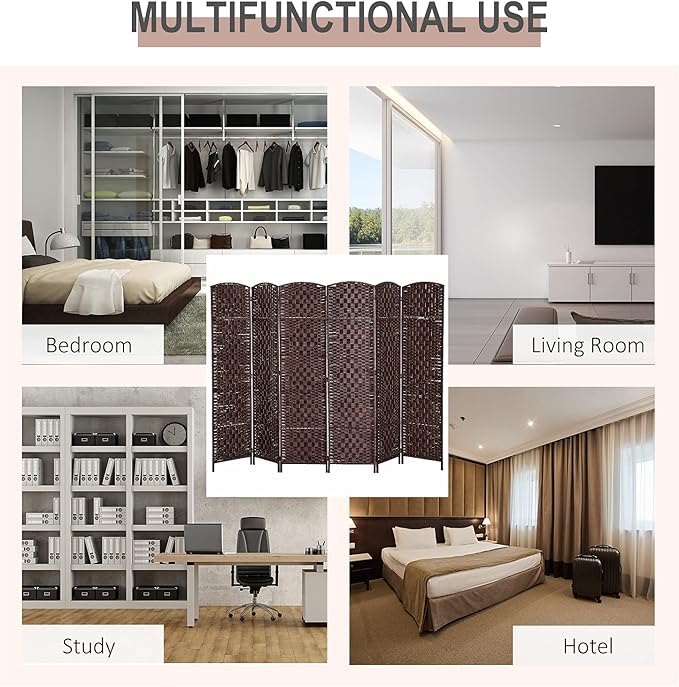 HOMCOM Room Divider 6 Panels Folding Privacy Screen 6FT Tall Portable Wicker Weave Partition Wall Divider for Bedroom Home Office, Brown-DeskLoop Office