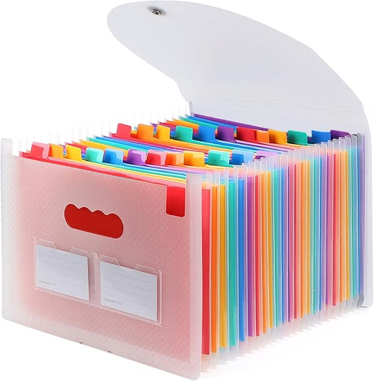 Accordion File Organizer, 24 Pockets Expanding File Folders, Portable Letter A4 Size Filing Box with Colored Labels and Expandable Cover, Monthly Bill Receipt Documents Organizer Pink-DeskLoop Office