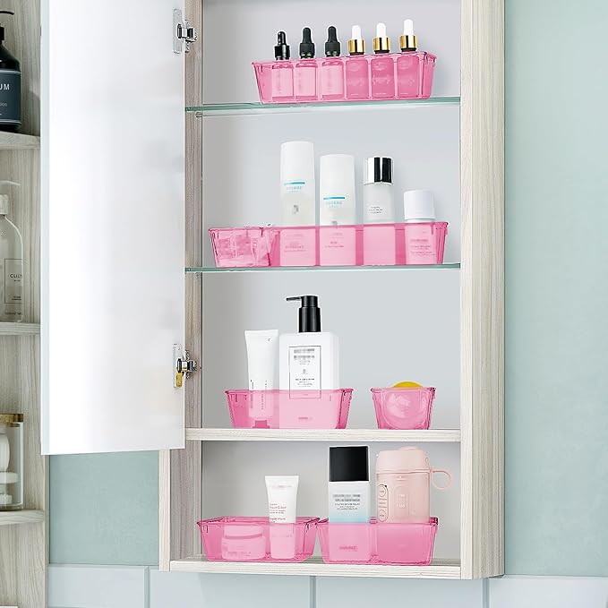 WOWBOX 25 PCS Plastic Drawer Organizer Set, 4 Sizes Desk Drawer Divider Organizers and Storage Bins for Makeup, Jewelry, Gadgets for Kitchen, Bedroom, Bathroom, Office, Clear Pink-DeskLoop Office