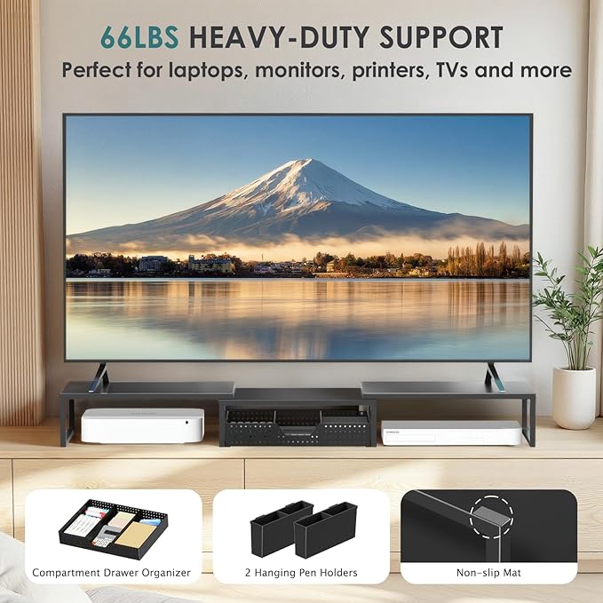 Desk Organizers and Accessories, Dual Monitor Stand Riser with Drawer and 2 Pen Holders, Desk Shelf Metal Computer Monitor Stand for Office Workspace Organizers, Desktop Organization (Black)-DeskLoop Office