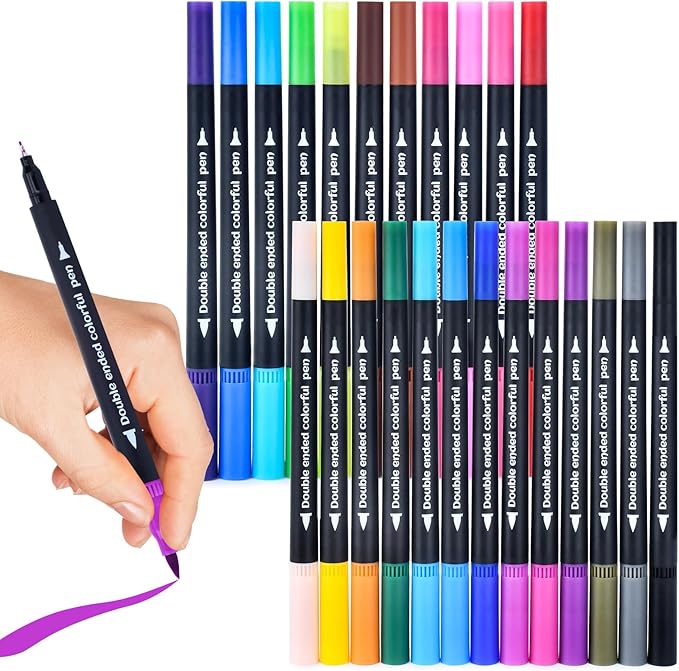 24 Colored Dual Tip Markers Fine & Brush Pens - No Bleeding, Coloring Markers for Adult, Sketching, Drawing, Journaling Art Marker Set-DeskLoop Office