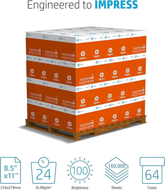 HP Papers Printer Paper 8.5 x 11 Paper BrightWhite 24 lb 60 Case 100 Bright Made in USA - FSC Certified 203000P Pallet 160000 Sheets-DeskLoop Office