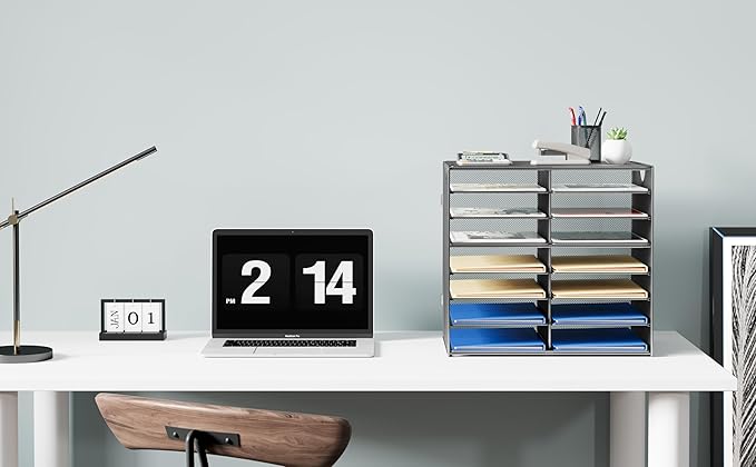 EasyPAG 14-Slot Mesh Desk File Organizer with Handle, Metal Frame Paper Tray for Classroom/Office/Home - Easy Assembly, Durable Tiered Sorter & A4/Letter Size, Silver-DeskLoop Office