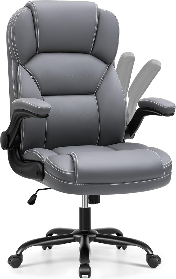 PU Leather Executive Office Chair, Ergonomic High-Back Computer & Gaming Chair with Adjustable Height, Rolling Swivel & Flip-Up Armrests, Comfy Padded Seat for Home Office-Gray-DeskLoop Office