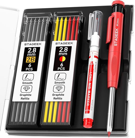 Carpenter Pencils Set with Sharpener, Heavy Duty Woodworking Tools with 13 Refills (Red, Black, Yellow), Construction Pencil and Deep Hole Long Nib Marker Pen for Architect Marking with Case-DeskLoop Office
