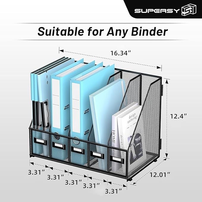 SUPEASY Desk Organizers Metal Desk Magazine File Holder with 16''x12''x12'' 5 Vertical Compartments Rack File Organizer for Office Desktop, Home Workspace, Black Plus-DeskLoop Office
