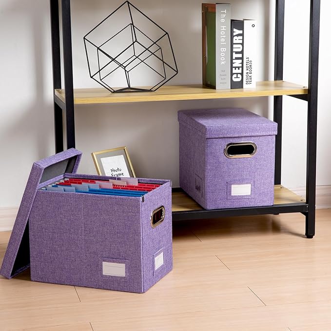 PRANDOM File Organizer Box - Set of 4 Collapsible Decorative Linen Filing Storage Hanging File Folders with Lids Office Cabinet Letter Size Purple (14x9.3x10.8 inch)-DeskLoop Office