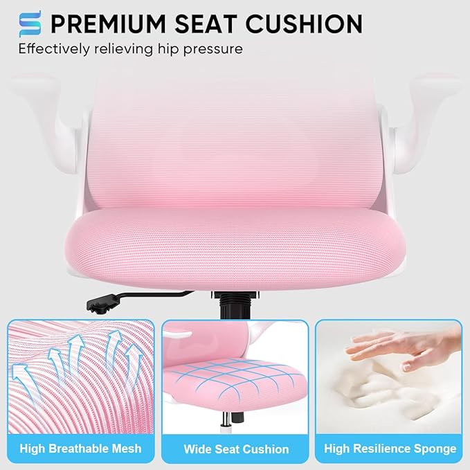 Sytas Ergonomic Desk Chair with Padded Flip up Arms and Supportive Lumbar Support, Breathable Mesh Home Office Chair with Comfortable Cushion for Home or Office(Pink)-DeskLoop Office