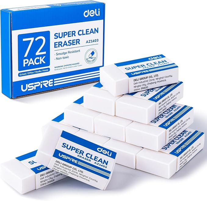 Deli Pencil Erasers, Pencil Eraser, 72 Pack, White Erasers, Erasers for Drawing, Kids, Artist, White, Large-DeskLoop Office