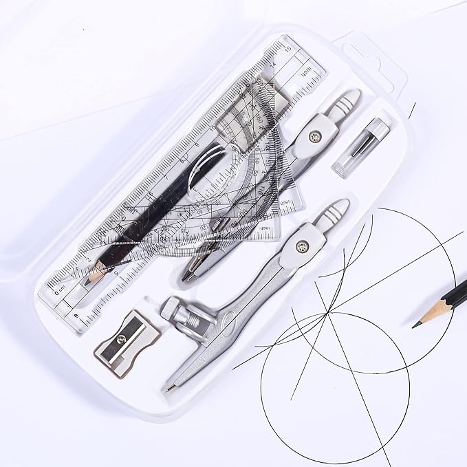 Math Geometry Kit Sets 10 Piece Student Supplies with Shatterproof Storage Box,Includes Rulers,Protractor,Compass,Eraser,Pencil Sharpener,Lead Refills,Pencil,for Drafting(White)-DeskLoop Office