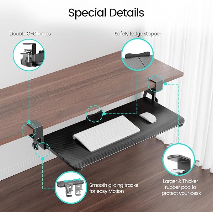 Large Keyboard Tray Under Desk Slide Out with Extra Sturdy C Clamp Mount System,26'' (30'' including Clamps) x11 Slide-Out Keyboard Drawer Under Desk for Typing,Keyboard Mouse Tray,Black-DeskLoop Office