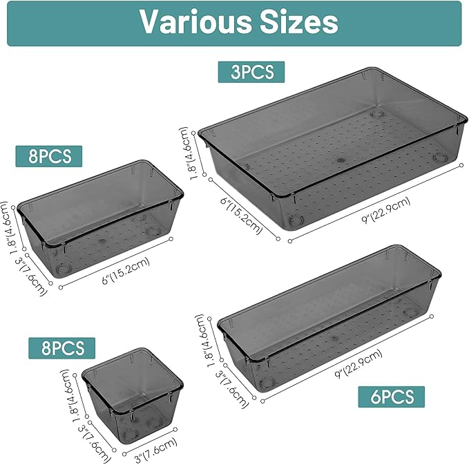 WOWBOX 25 PCS Plastic Drawer Organizer Set, Desk Drawer Divider Organizers and Storage Bins for Makeup, Jewelry, Gadgets for Kitchen, Bedroom, Bathroom, Office, Black-DeskLoop Office