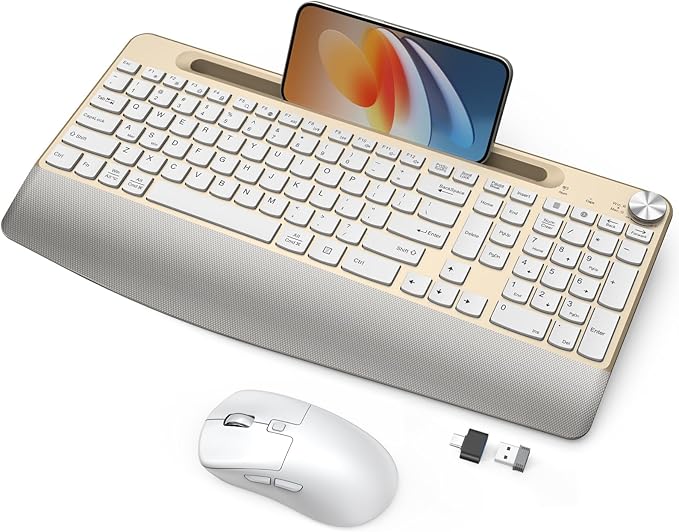 Ergonomic Wireless Keyboard and Mouse with Wrist Rest,Phone Holder - 2.4GHz Full-Sized Low-Profile Quiet Gold Wireless Mouse and Keyboard Combo for Computer, Laptop, PC, Mac-Gold-DeskLoop Office