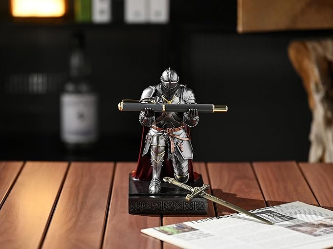Medieval Armored Warrior Wearing Outerwear, Mobile Phone Stand Knight Pen Holder Desk Organizers, Resin Bookends Paperweight with a Letter Opener for Desk (Iron)-DeskLoop Office