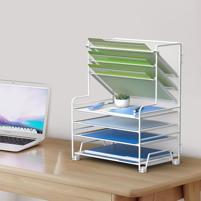 MINDEPOT 4-Tier Paper Organizer + 3-Pocket File Holder + Drawer + Pen Holders - Image 6