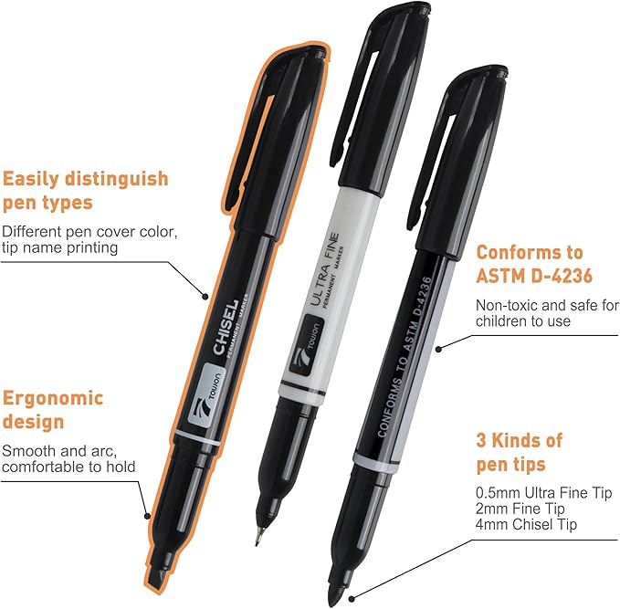 12 Black Permanent Markers with Bag - Waterproof Quick Drying Pens Set 8 Fine Tip, 2 Ultra Fine, 2 Chisel Tip Office Home School Supplies for Adults Writing Doodling Marking-DeskLoop Office