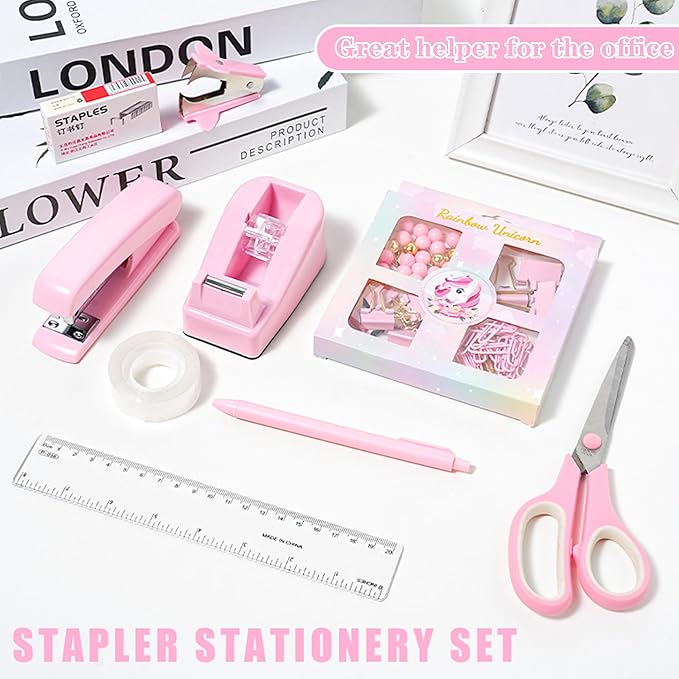 Pink Desk Accessories with Pen Holder, Pink Office Supplies Desk Organizers and Accessories for women, Tape Dispenser, Stapler, Staple Remover, Staples, Clips Set, Ruler, Scissor, Pen, Tape-DeskLoop Office