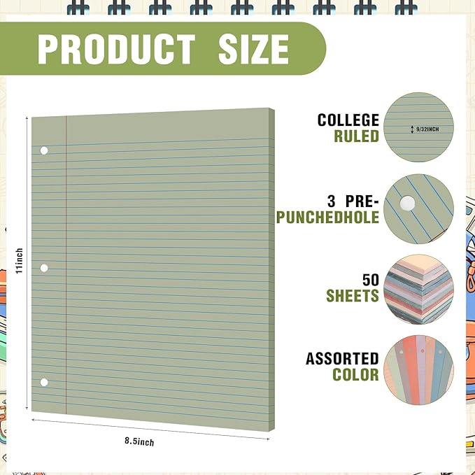 PerKoop 600 Sheets Colored Loose Leaf Paper 8.5" x 11" college ruled Lined 3 Hole Punched notebook Filler Paper for 3 Ring Binders Office School Supplies (Retro Color)-DeskLoop Office