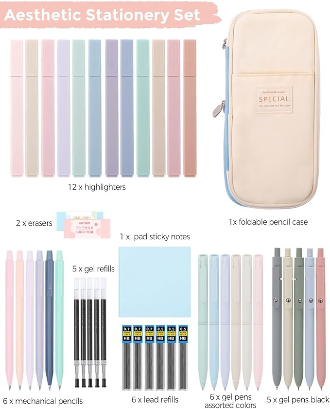 SKYDUE Cute School Supplies 44 PCS, Aesthetic Pencil Case with 12 Pastel Highlighters, 5 Black Gel Pens, 6 Color Gel Pens & Mechanical Pencils, College Essentials Students Stationary Set Blue-DeskLoop Office