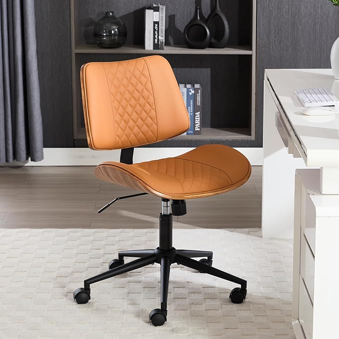 Home Office Chair No Arms with Wheels, Adjustable Height PU Leather Mid Back, 360 Swivel Computer Small Desk Chair, Armless Modern Walnut Style for Office, Reading Meeting Room(Brown)-DeskLoop Office