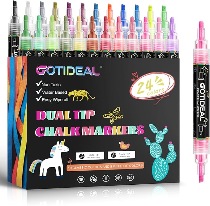 GOTIDEAL Chalk Markers Dual Tips,Erasable Liquid Chalk Marker for Blackboard,Washable Chalk Pens for Auto,Car,Glass,Mirror,Chalkboard,Window markers,24 Colors Chalk Board Markers with Metallic Colors-DeskLoop Office