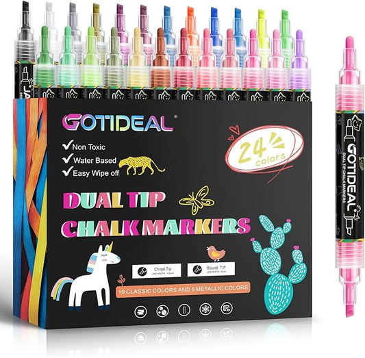 GOTIDEAL Chalk Markers Dual Tips,Erasable Liquid Chalk Marker for Blackboard,Washable Chalk Pens for Auto,Car,Glass,Mirror,Chalkboard,Window markers,24 Colors Chalk Board Markers with Metallic Colors-DeskLoop Office