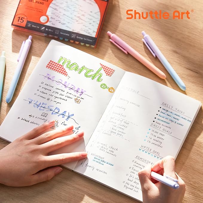 Shuttle Art Retractable Pastel Shifting Gel Ink Pens, 15 Pack Black Ink Pens, Cute Pens 0.5mm Fine Point Soft Aesthetic Barrel for Smooth Writing Journaling Taking Notes School Office Home-DeskLoop Office