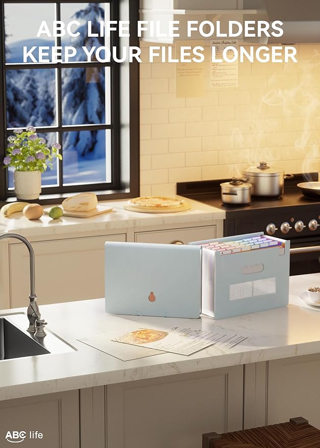 ABC life 26 Pockets Accordian File Organizer Expanding File Folders, Portable Letter A4 Size Filing Box,Plastic Monthly Receipt Document Organizer with Colored Tabs (Light Blue)-DeskLoop Office