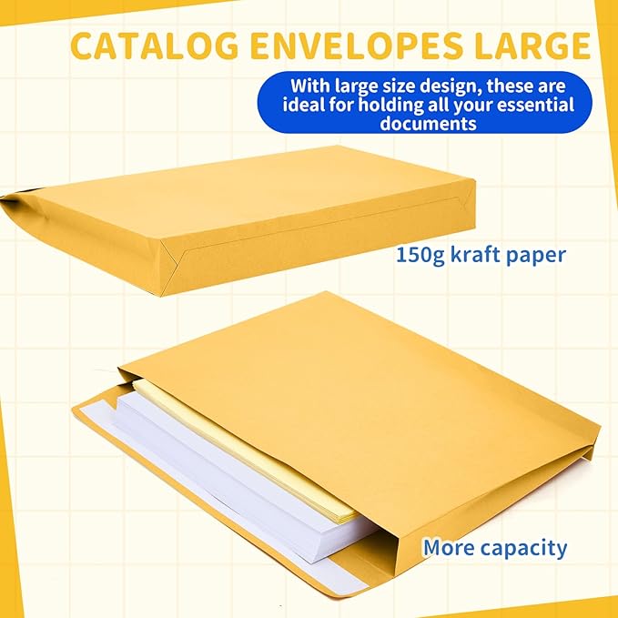 20 Pcs 12 x 16 x 1.6 Inch Large Expandable Catalog Envelopes Manilla Kraft Peel and Seal Envelopes Light Large Mailing for Office Home Documents Magazines Photos Storage Organizing (Yellow)-DeskLoop Office