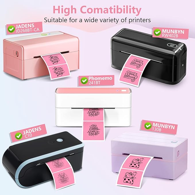 2 Rolls Pink Thermal Labels Personalized & Business Customized Label Stickers for Phomemo 241BT for MUNBYN 130B/RW402B Printers, 600Pcs Waterproof Shipping Label Sheet for Logo/Name/Thanks-DeskLoop Office