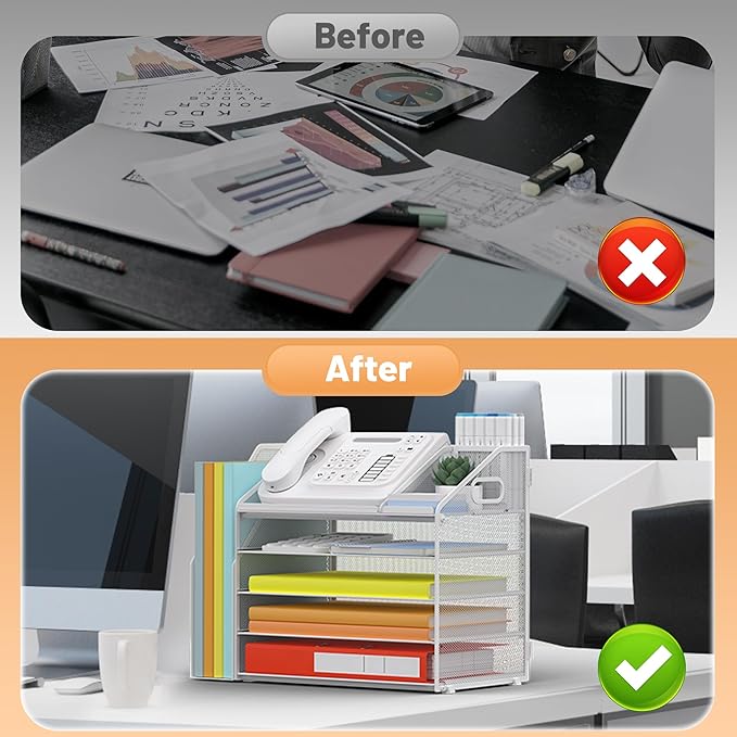 DocNest 5 Tier Paper Letter Tray File Organizer, Mesh Desk File with Handle, Workspace Desk Organizers with Pen Holder, Office Organization Storage Accessories - White-DeskLoop Office