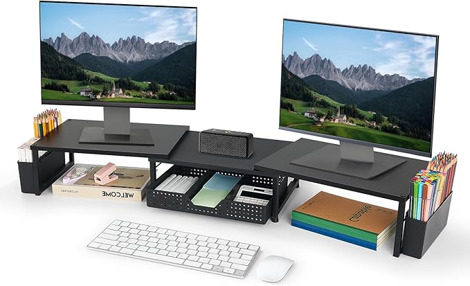 Desk Dual Monitor Stand Riser - Desk Organizer with Drawer and Pen Holders, Office Desk Accessories & Workspace Organization, Computer Monitor Stand for Laptop, Printer, TV(BLACK)-DeskLoop Office