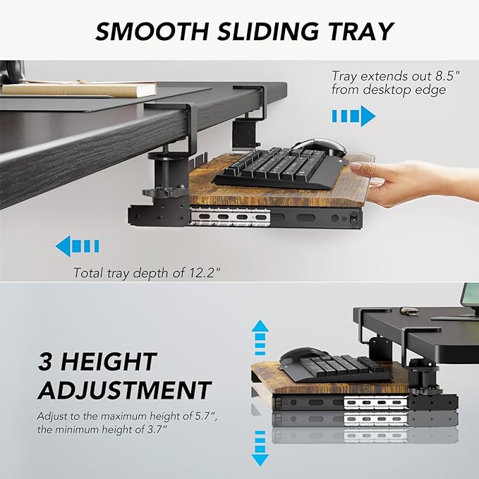 Keyboard Tray Under Desk Pull Out with Extra Sturdy C Clamp Mount System, 27.3 (32.5 inch Including Clamps) x 11 Inch Slide-Out Platform Computer Drawer for Typing Vintage AX01WG02-DeskLoop Office