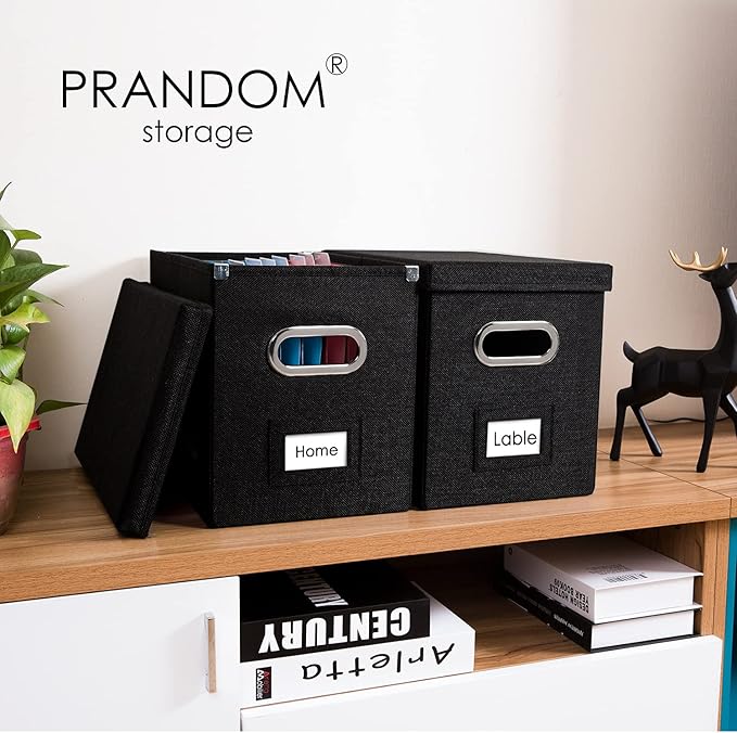 PRANDOM File Organizer Box - Set of 1 Collapsible Decorative Linen Filing Storage Hanging File Folders with Lids Office Cabinet Letter Size Black (14x9.3x10.8 inch)-DeskLoop Office